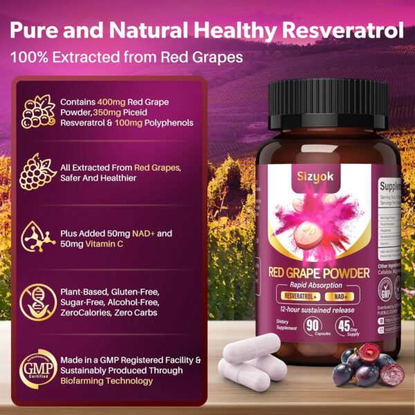 Piceid Resveratrol Supplement and NAD+ Cell Regenerator, Ultra High Purity & Bioavailable, Support Heart Health, Blood Flow, Cellular Energy Production&Metabolism, Red Grape Powder, 45 Day Supply-118
