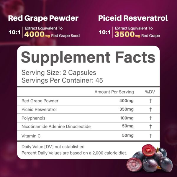 Piceid Resveratrol Supplement and NAD+ Cell Regenerator, Ultra High Purity & Bioavailable, Support Heart Health, Blood Flow, Cellular Energy Production&Metabolism, Red Grape Powder, 45 Day Supply-107