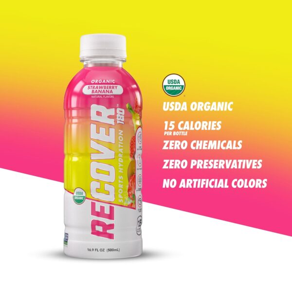 RECOVER 180 Organic Sports Hydration Drink, No Sugar Added, 15 Calorie Sports Beverage, Organic Flavors With Vitamins, Potassium-Packed Electrolytes (16.9 Fl Oz (Pack of 12), Strawberry Banana)