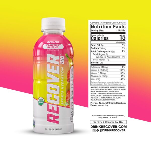 RECOVER 180 Organic Sports Hydration Drink, No Sugar Added, 15 Calorie Sports Beverage, Organic Flavors With Vitamins, Potassium-Packed Electrolytes (16.9 Fl Oz (Pack of 12), Strawberry Banana)