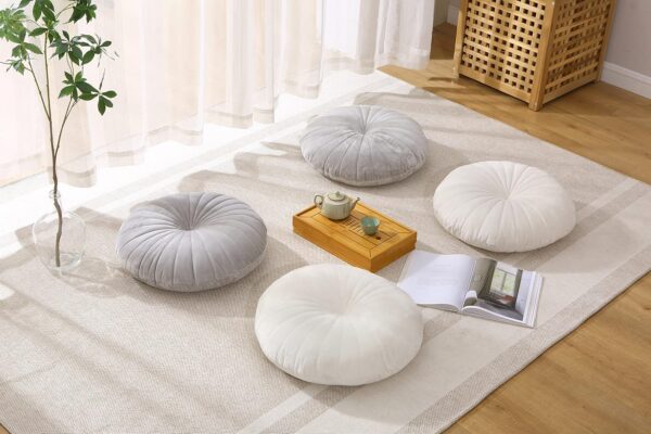 Floor Pillow Meditation Cushion Round Large Floor Pillows Seating for Adults, Velvet Thick Floor Cushions for Yoga Living Room Balcony Outdoor Tatami（Grey）