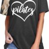 PECHAR Pilates Shirts for Women - Yoga Workout Graphic Heart Tees Sports Lover Tops Pilates Teacher Gifts Blouse T-Shirts