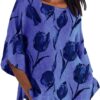 Linen Shirt for Women Crew Neck 3/4 Sleeve Tunic Blouses Casual Loose Fall T-Shirt Tops for Ladies Summer S-5XL