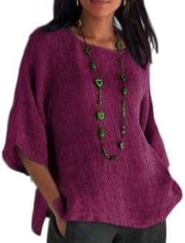 Womens Linen T Shirt 3/4 Batwing Sleeves Summer Casual Pullover Tops Vintage Boho Blouse Solid Color Loose Tees