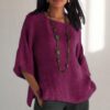 Womens Linen T Shirt 3/4 Batwing Sleeves Summer Casual Pullover Tops Vintage Boho Blouse Solid Color Loose Tees