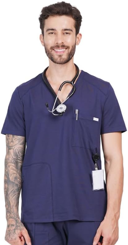 MIKAL Scrub Tops for Men V Neck Relaxed Fit W/ 3 Pockets, Super Soft Cotton Premium Knitted Medical/Health Care Uniform