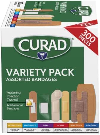 41JwzilUGL._AC_SL1200_.jpg Curad Assorted Bandages Variety Pack 300 Pieces, Including Antibacterial, Heavy Duty, Fabric, and Waterproof Bandages