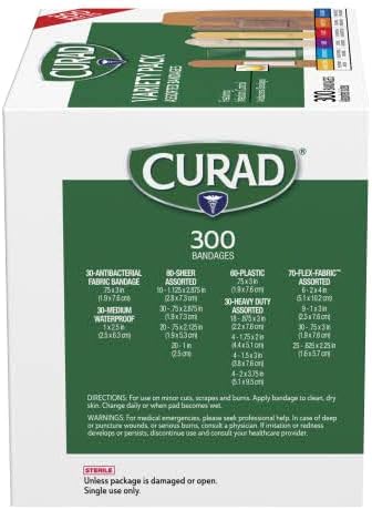 41TgIY-Ia0L._AC_SL1200_.jpg Curad Assorted Bandages Variety Pack 300 Pieces, Including Antibacterial, Heavy Duty, Fabric, and Waterproof Bandages