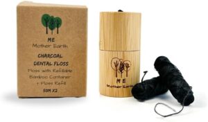 Vegan Biodegradable Bamboo Charcoal Dental Floss with Refillable Bamboo Container | Free Refill | Natural Candelilla Wax | 55yds x2 | Peppermint Essential Oil | Eco Friendly | Zero Waste Oral Care