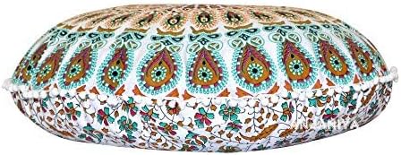 22" Peacock Mandala Bohemian Yoga Meditation Floor Pillow Cover Comfortable Home Cushion Couch Seating Large Zipped Throw Hippie Decorative Ottoman Boho Indian (White Multi)