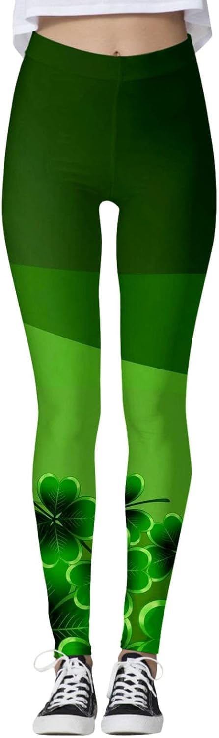 St Patricks Day Leggings for Women Shamrock Leaves Green Pant Slim Fit Tummy Control Leggings Irish Green Yoga Pants