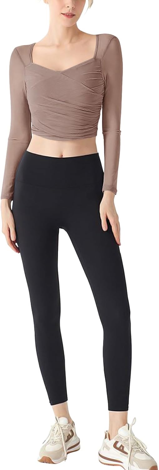 LASLULU Womens Mesh Long Sleeve Workout Tops Sexy Sweetheart Neck Double Lined Athletic Yoga Gym Tops with Built in Bra