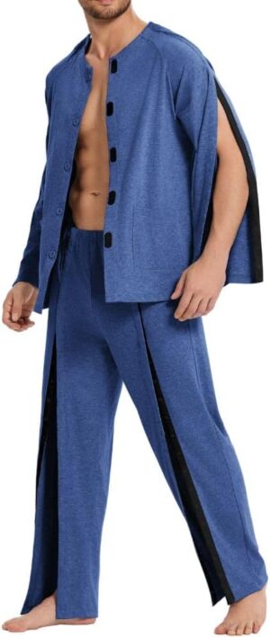 Deyeek Post Shoulder Surgery Shirts for Men Chemo Port Shirts Dialysis Patient Care Tear Away Cotton Pajamas Set