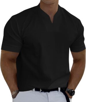 Men Gentlemans Business T Shirt Short Sleeve Fitness Muscle T Shirt V Neck Gym Tee Fashion Workout Casual Shirts