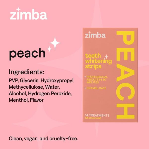 Zimba Teeth Whitening Strips Vegan Whitening Strip Enamel Safe Teeth Whitening Hydrogen Peroxide Teeth Whitener for Coffee, Wine, and Other Stains, 28 Strips (14 Day Treatment), Peach