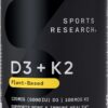 Sports Research Vitamin D3 K2 with Coconut Oil | Plant Based Vitamin K2 MK7 + Vegan D3 5000iu | Vegan Certified, Soy & Gluten Free - 60 Count Softgels
