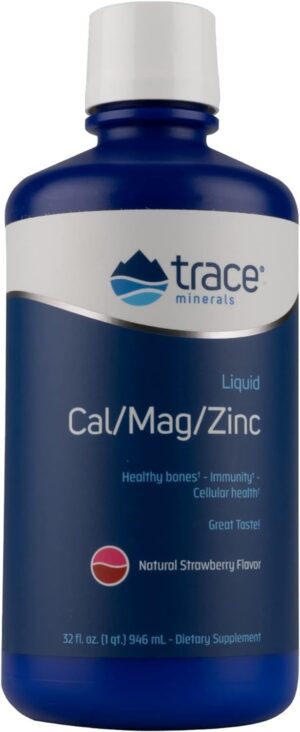 Trace Minerals | Liquid Cal/Mag/Zinc | Calcium, Magnesium, Zinc, Vitamin D3 Supplement | Supports Normal Tissue, Muscle, and Bone Density | Natural Strawberry Flavor | 32 Servings, 32 fl oz.