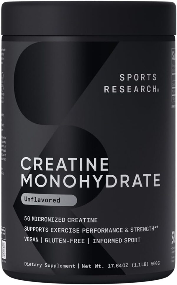 513jo2AhdDL._AC_SL1200_.jpg Sports Research Creatine Monohydrate - Gain Lean Muscle, Improve Performance and Strength and Support Workout Recovery - 5 g Micronized Creatine - 1.1LBS