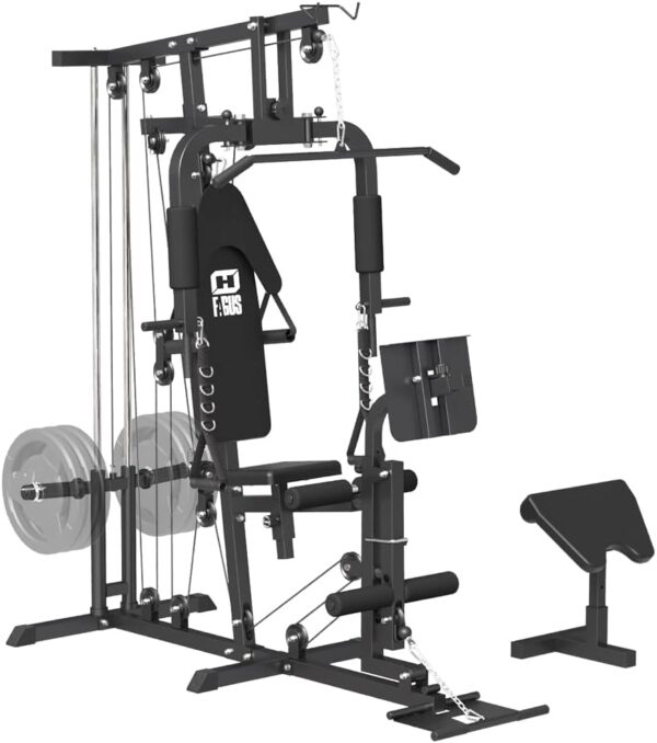 Home Gym Workout Station, Multifunctional Home Gym System with Leg Extension, Leg Press, Preacher Curl and Full Body Exercise Accessories, Plate Loaded Strength Training Machine