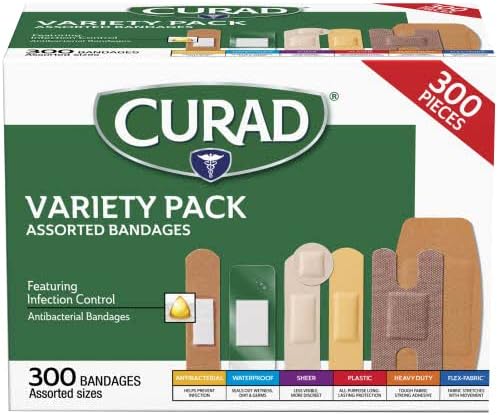 516B-kUwWL._AC_SL1200_.jpg Curad Assorted Bandages Variety Pack 300 Pieces, Including Antibacterial, Heavy Duty, Fabric, and Waterproof Bandages