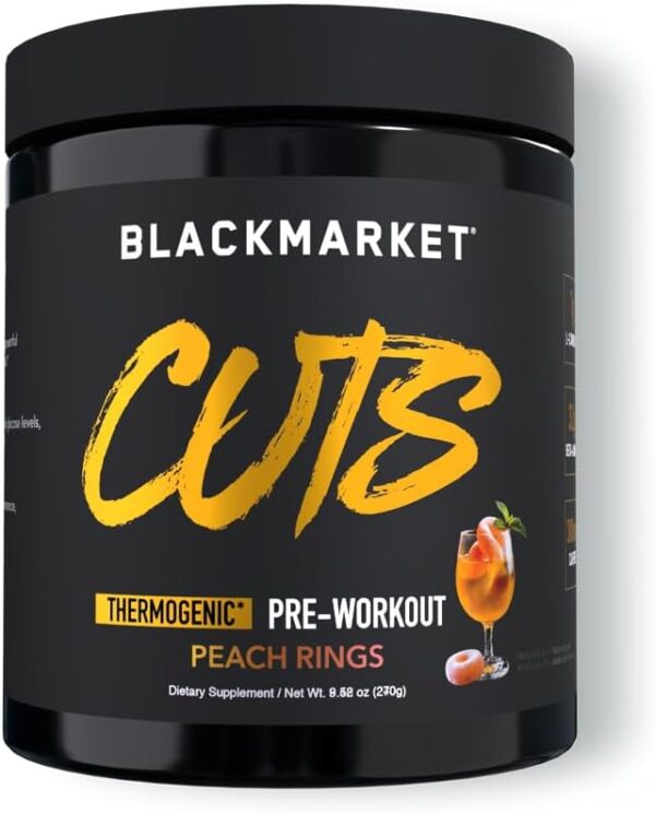 BLACKMARKET CUTS Pre Workout - Flavored Energy Powdered Drink Mix for Men & Women, Great for Muscle Definition, Thermogenic, Creatine Free, (Peach Ring, 30 Servings)