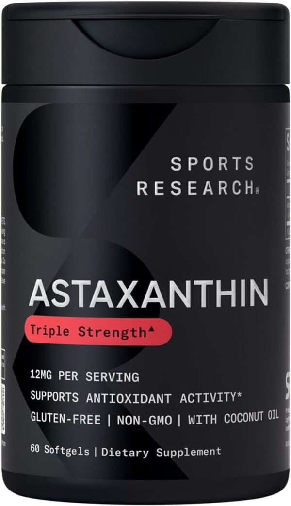 Sportgs Research Triple Strength Astaxanthin (12mg) with Organic Coconut Oil | Non-GMO, Soy & Gluten Free - 60 Mini Softgels (2 Month Supply)