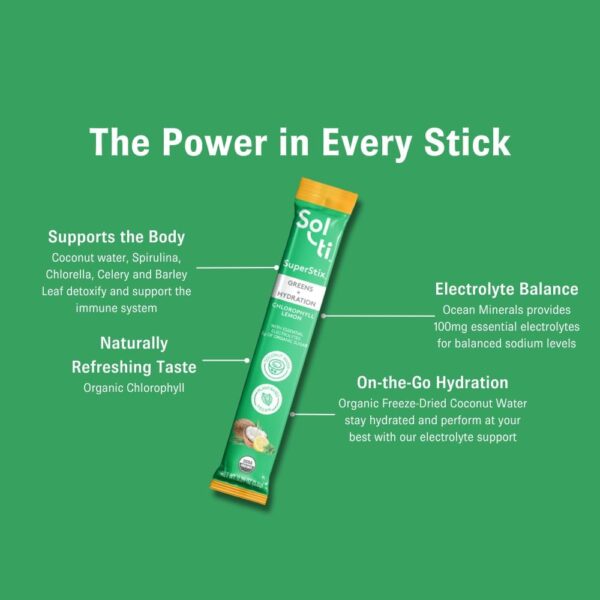 Sol-ti Organic Electrolyte Greens + Hydration Drink Mix, Superfood Hydration Sticks, SuperStix, Non-GMO, Vegan, Chlorophyll Lemon, 14 Sticks