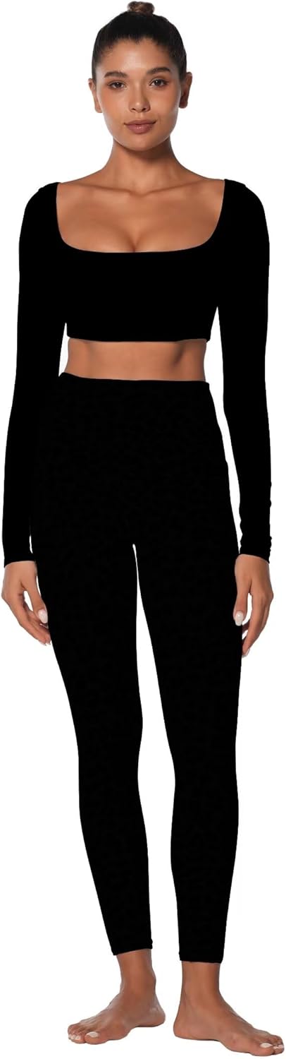 Sunzel Long Sleeve Workout Tops for Women Breathable Square Neck Crop Top with Built in Bra Cropped Yoga Shirt for Lounge Gym