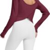 Mippo Cropped Long Sleeve Workout Tops Open Back Athletic Gym Yoga Shirts with Thumb Hole
