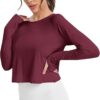 Mippo Cropped Long Sleeve Workout Tops Open Back Athletic Gym Yoga Shirts with Thumb Hole