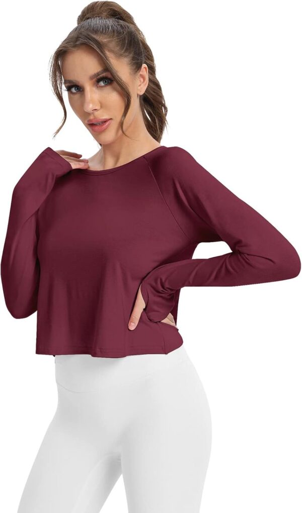 Mippo Cropped Long Sleeve Workout Tops Open Back Athletic Gym Yoga Shirts with Thumb Hole