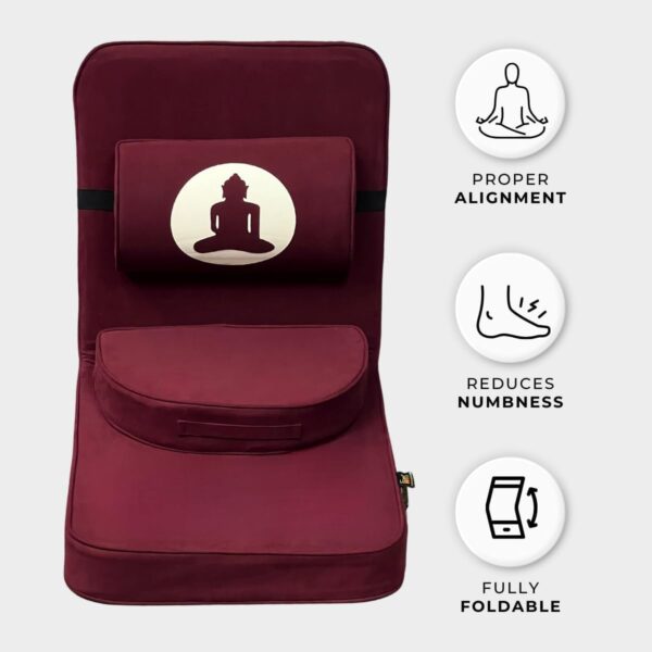 Friends of Meditation Relaxing Buddha Meditation Chair | Detachable Rectangular Back Support & Zafu Cushion | Portable Folding Chair | Floor Chair with Back Support | Yoga Chairs for Adults | Maroon