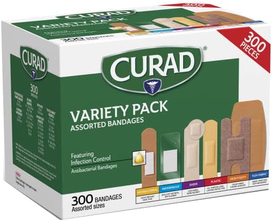 51ENJeX9FL._AC_SL1200_.jpg Curad Assorted Bandages Variety Pack 300 Pieces, Including Antibacterial, Heavy Duty, Fabric, and Waterproof Bandages