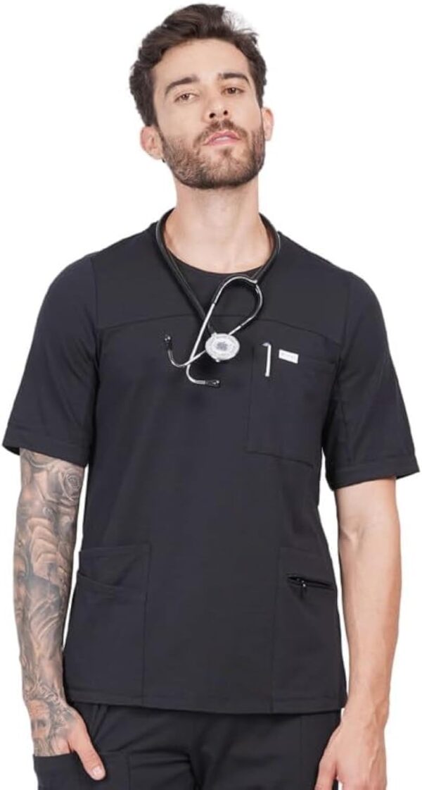 MIKAL Scrub Tops for Men Round Neck Slim Fit with 5 Pockets, Super Soft Cotton Premium Medical/Health Care Uniform