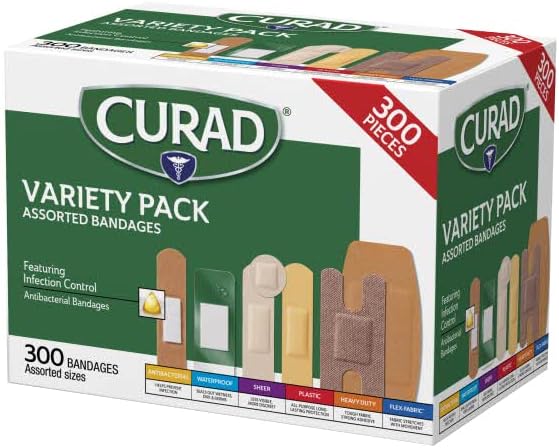 51Hf-PD14L._AC_SL1200_.jpg Curad Assorted Bandages Variety Pack 300 Pieces, Including Antibacterial, Heavy Duty, Fabric, and Waterproof Bandages