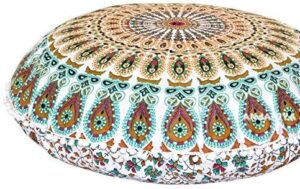 22" Peacock Mandala Bohemian Yoga Meditation Floor Pillow Cover Comfortable Home Cushion Couch Seating Large Zipped Throw Hippie Decorative Ottoman Boho Indian (White Multi)