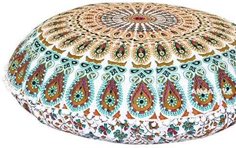 22" Peacock Mandala Bohemian Yoga Meditation Floor Pillow Cover Comfortable Home Cushion Couch Seating Large Zipped Throw Hippie Decorative Ottoman Boho Indian (White Multi)
