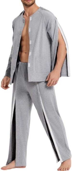 Deyeek Post Shoulder Surgery Shirts for Men Chemo Port Shirts Dialysis Patient Care Tear Away Cotton Pajamas Set