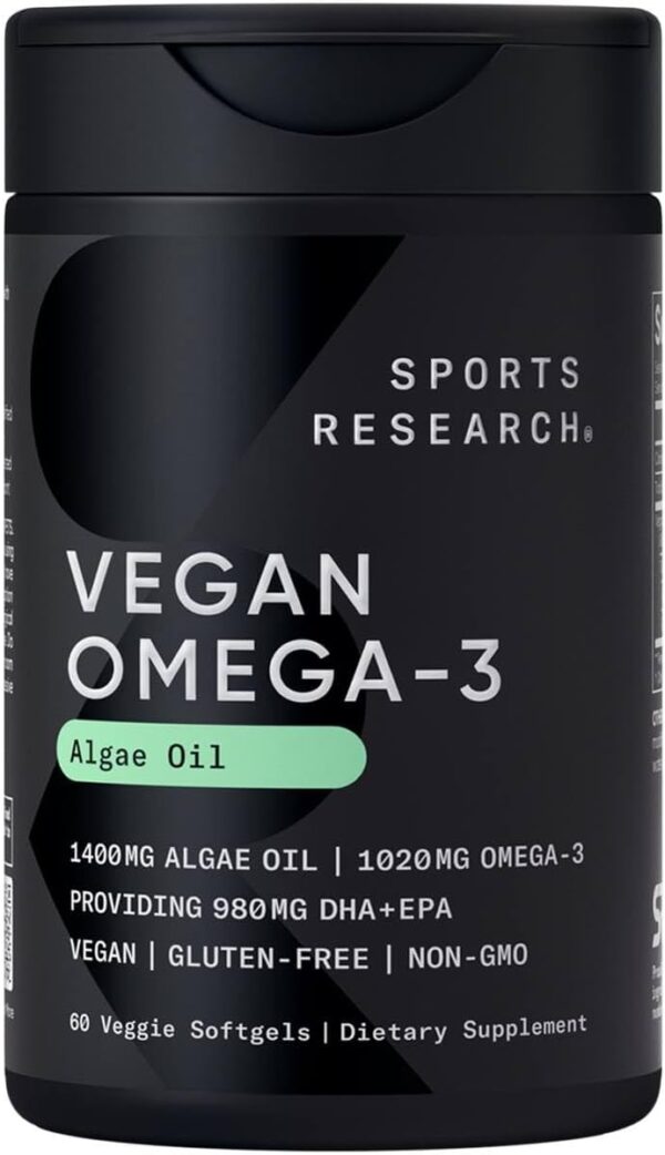Sports Research Vegan Omega-3 Fish Oil Alternative from Algae Oil - Highest Levels of Vegan DHA & EPA Fatty Acids | Non-GMO Verified & Vegan Certified - Fresh Lemon Scent - 60 Veggie Softgels