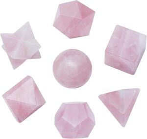 Crocon Rose Quartz 7Pcs Platonic Solids Crystal Geometry Set, Platonic Solids Sacred Geometric Stones for Meditation Reiki Balancing Healing Chakra Stone Cleansing Spiritual Good Luck (15-20mm)