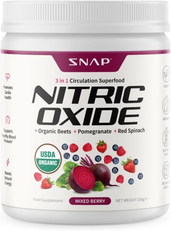 Snap Supplements Organic Beet Root Powder, Nitric Oxide Superfood Supplement with Beets, B Vitamins, Pomegranate & Red Spinach for Energy, Heart Health & Circulation Support, 30 Servings, Mixed Berry