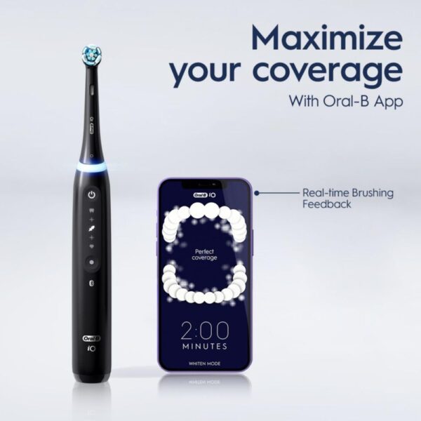 Oral-B iO Deep Clean + Whiten Rechargeable Electric Toothbrush with Visible Pressure Sensor, 2 Minute Timer, 5 Cleaning Settings, 1 iO5 Limited, 3 Toothbrush Heads, Travel Case & Refill Holder, Black