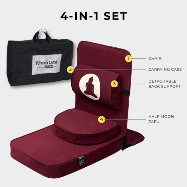 Friends of Meditation Relaxing Buddha Meditation Chair | Detachable Rectangular Back Support & Zafu Cushion | Portable Folding Chair | Floor Chair with Back Support | Yoga Chairs for Adults | Maroon