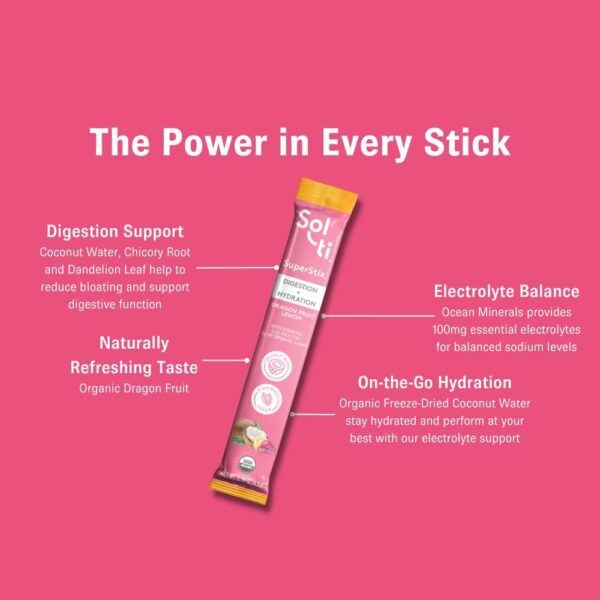 Sol-ti Organic Electrolyte Digestion + Hydration Drink Mix, Superfood Hydration Sticks, SuperStix, Non-GMO, Vegan, Dragon Fruit Lemon, 14 Sticks