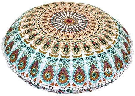 22" Peacock Mandala Bohemian Yoga Meditation Floor Pillow Cover Comfortable Home Cushion Couch Seating Large Zipped Throw Hippie Decorative Ottoman Boho Indian (White Multi)
