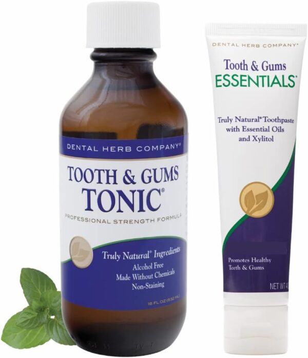 51gVpkKfBlL._AC_SL1000_.jpg Dental Herb Company - Tooth & Gums Tonic (18 oz.) Mouthwash and Essentials Paste (Kit) - Truly Natural - Alchohol and Fluoride Free. Controls Bleeding and inflamed Gums and relieves Dry Mouth.