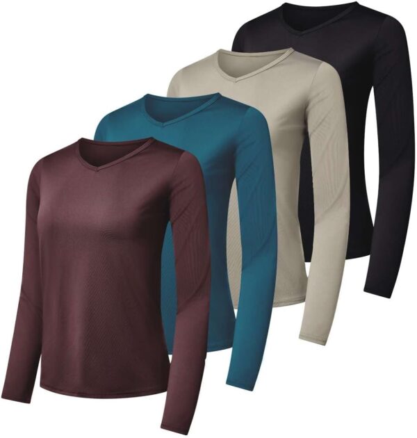 Real Essentials 4-Pack: Women's Dry-Fit Long-Sleeve V-Neck Athletic Workout Shirt (Available in Plus Size)