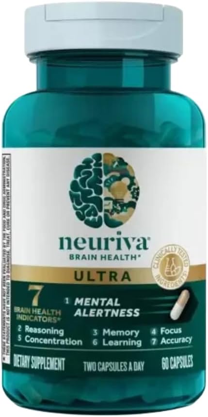 NEURIVA Ultra Decaffeinated Clinically Tested Nootropic Brain Supplement for Mental Alertness, Memory, Focus & Concentration, Cognivive, Neurofactor, Phosphatidylserine, Vitamins B6 B12, 60 Capsules