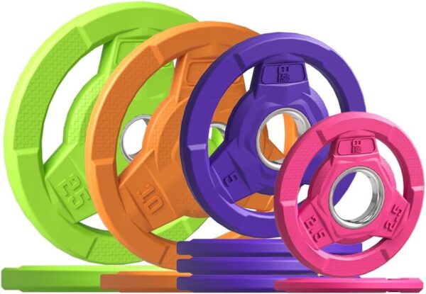 51uFJq9i99L._AC_SL1000_.jpg Color Coded 2-Inch Rubber Coated Olympic Grip Plate for Barbell,Solid Cast Iron Weight Plates for Strength Training,Weightlifting,Crossfit, Home Gym, 2.5/5/10/15/25/35/45 LB, Single and Pair