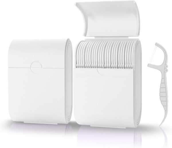 Portable Dental Floss Picks Case 2 Box，52 Count Flosser a Box – Travel Dental Hygiene Kit with Floss Stick and Toothpick Cases -White，Mint Flavored, Twin Line Design.